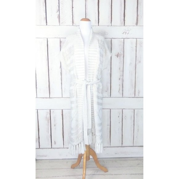 90s vintage ivory/gold long duster cardigan sweater/short sleeve fringe tassel - Picture 1 of 5